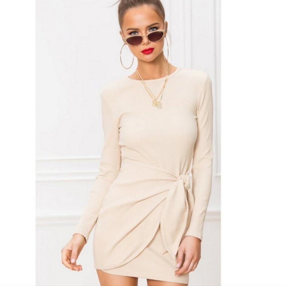 Superdown Dana Ribbed Wrap Dress Nude Tan Cream Mini Long Sleeve